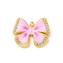 304 Stainless Steel Enamel Pendants, with Rhinestone, Bowknot Charm, PVD Vacuum Plating, Real 18K Gold Plated, Pink, 16.5x19x2.5mm, Hole: 1.4mm(STAS-S163-02A-G)