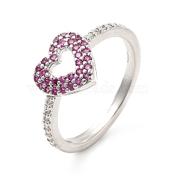 Rack Plating Brass Micro Pave Camellia & Crystal Cubic Zirconia Heart Rings, Cadmium Free & Lead Free, Long-Lasting Plated, Platinum, US Size 7 1/4, 2mm, Inner Diameter: 17.5mm(RJEW-E064-15P)