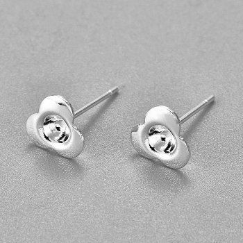 304 Stainless Steel Ear Stud Components, 3-Petal, Flower, Silver, 13mm, Flower: 7x7x2mm, Tray: 3mm, Pin: 0.7mm