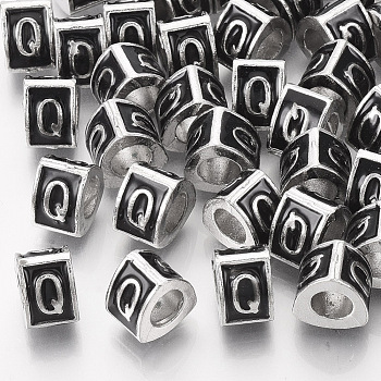 Alloy European Beads, Enamel Style, Large Hole Beads, Triangle with Letter, Platinum, Black, Letter.Q, 9.5x9x6.5mm, Hole: 5mm