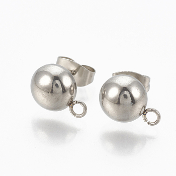 201 Stainless Steel Stud Earring Findings, with Loop and 304 Stainless Steel Pins, Dome/Half Round, Stainless Steel Color, 11x8mm, Hole: 1.8mm, Pin: 0.8mm