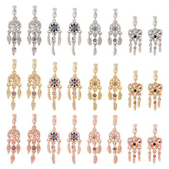 Pandahall 24Pcs 12 Styles Rack Plating Alloy European Dangle Charms, with Colorful Rhinestone, Large Hole Pendants, Cadmium Free & Nickel Free & Lead Free, Woven Net/Web with Feather, Mixed Color, 43~36.5mm, Hole: 4~5mm, 2pcs/style