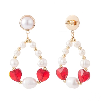 Teardrop Beaded Dangle Stud Earrings for Girl Women, Red Heart Beads Earrings, Glass & Natural Pearl Beads Drop Earrings, Colorful, 56mm, Pin: 0.9mm