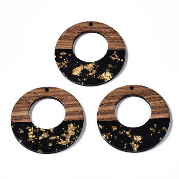 Resin & Walnut Wood Pendants, with Gold Foil, Two Tone, Donut, Black, 38x3mm, Hole: 2mm