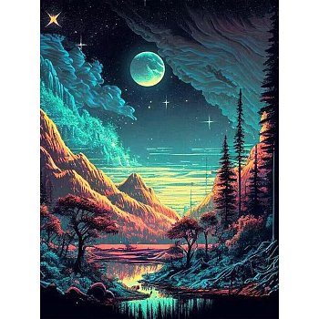 Fancy Moon Starry Sky Moon Scenery DIY Diamond Painting Kit, Including Resin Rhinestones Bag, Diamond Sticky Pen, Tray Plate and Glue Clay, Teal, 400x300mm