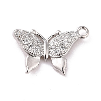 Brass Micro Pave Clear Cubic Zirconia Pendants, Cadmium Free & Lead Free, Butterfly, Platinum, 16x13x2.5mm, Hole: 1.2mm