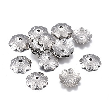 201 Stainless Steel Bead Caps, Flower, 8-petal, Stainless Steel Color, 10.5~11x3mm, Hole: 1.4mm