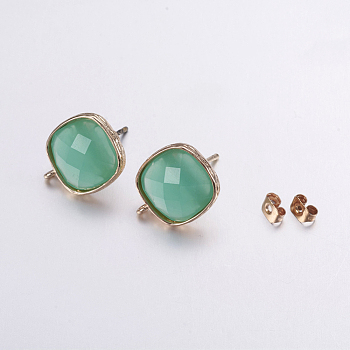 Brass Micro Pave Cubic Zirconia Stud Earring Findings, with Loop, Glass, Faceted, Square, Light Gold, Pale Green, 17mm, Hole: 1mm, Pin: 0.7mm