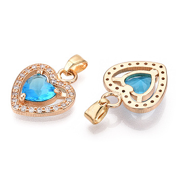 Faceted Glass Charms, with Brass Micro Clear Cubic Zirconia Findings, Heart, Light Gold, Deep Sky Blue, 17x14x4mm, Hole: 4.5x2.5mm