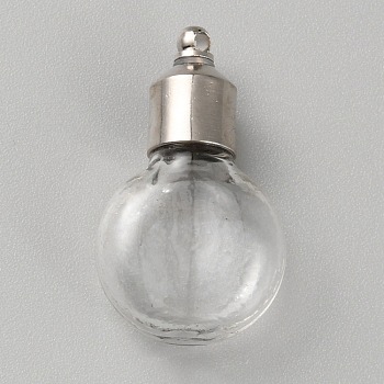 Clear Glass Bottle Pendants, with Platinum Brass Finding, Flat Round, 33x19x10mm, Hole: 1.8mm