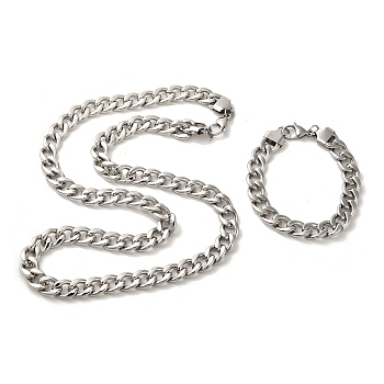 Unisex 304 Stainless Steel Curb Chain Bracelet & Necklace Jewelry Sets, with Lobster Claw Clasps, Stainless Steel Color, 8.70 inch(221mm)