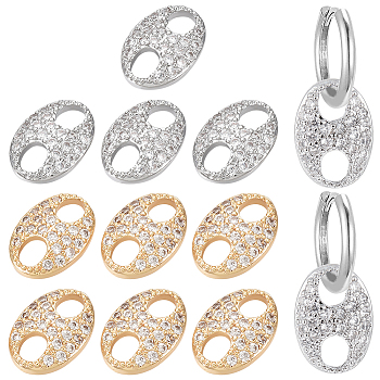 12Pcs 2 Colors Brass Micro Pave Clear Cubic Zirconia Connector Charms, Oval Link, Nickel Free, Real Gold Plated & Real Platinum Plated, 7x10x2.5mm, Hole: 3x2mm, 6pcs/color