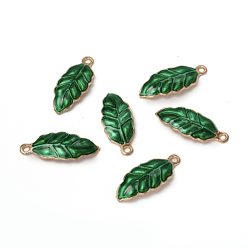 Light Gold Plated Alloy Pendants, with Enamel, Leaf, Green, 24x10x2mm, Hole: 1.8mm