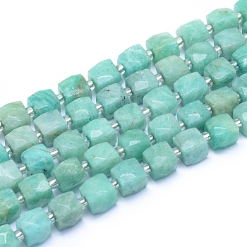 Natural Amazonite Beads Strands, Faceted, Cube, Alice Blue, 9~10.5x9~10.5x9~10.5mm, Hole: 1mm, about 32pcs/strand, 15.55 inch(39.5cm)