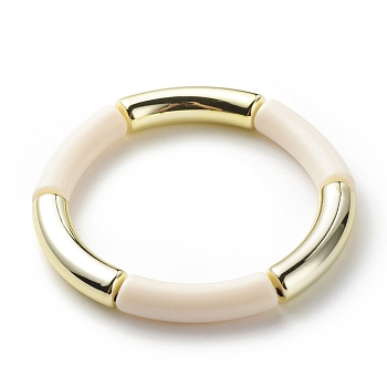 Acrylic Curved Tube Beaded Stretch Bracelet for Women, Seashell Color, Inner Diameter: 2-1/8 inch(5.3cm)