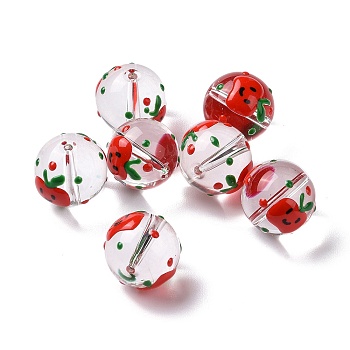 Transparent Glass Beads, with Enamel, Round, Red, Apple Pattern, 14~15x13~13.5mm, Hole: 1.5~1.6mm