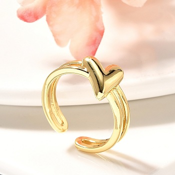 Rack Plating Brass Cuff Finger Rings for Women, Cadmium Free & Lead Free, Long-Lasting Plated, Heart, Real 18K Gold Plated, Inner Diameter: adjustable