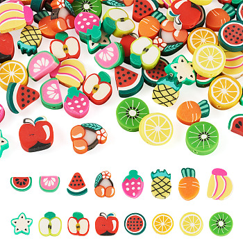 64Pcs 16 Styles Fruit & Vegetable Theme Handmade Polymer Clay Beads, for DIY Jewelry Crafts Supplies, Mixed Shapes, 10~17.5x4.5~15x4.5~5.5mm, Hole: 1.6~2mm, 4pcs/style