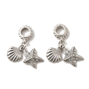 Rack Plating Alloy Crystal Rhinestone European Dangle Charms, Shell Shape & Starfish Large Hole Pendants, Lead Free & Cadmium Free, Platinum, 28mm, Hole: 4mm