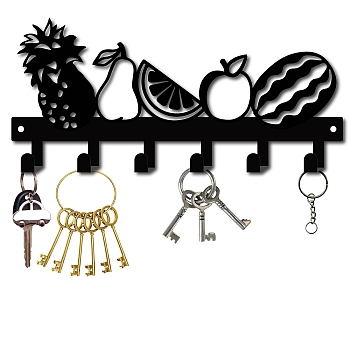 Iron Wall Mounted Hook Hangers, Decorative Organizer Rack with 6 Hooks, for Bag Clothes Key Scarf Hanging Holder, Fruit Pattern, Gunmetal, 12.6x27cm