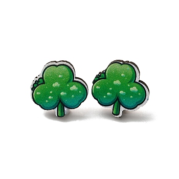 Saint Patrick's Day Green Wood Stud Earrings, with 316 Stainless Steel Pins, Clover, 16.5x16mm