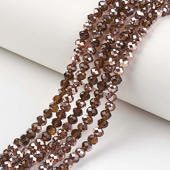 Electroplate Transparent Glass Beads Strands, Half Copper Plated, Faceted, Rondelle, Sienna, 3x2mm, Hole: 0.8mm, about 150~155pcs/strand, 15~16 inch(38~40cm)