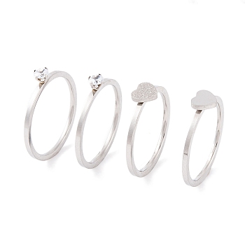 Heart 304 Stainless Steel Finger Ring Set for Women, with Cubic Zirconia, Stainless Steel Color, 20mm, US Size 6~9(16.5~18.9mm)