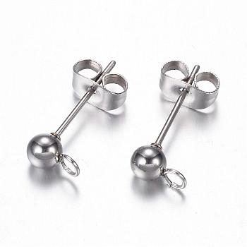 304 Stainless Steel Stud Earring Findings, with Loop, Stainless Steel Color, 15x7x4mm, Hole: 1.8~2mm, Pin: 0.7mm