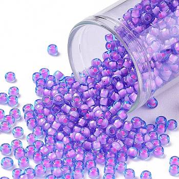 TOHO Round Seed Beads, Japanese Seed Beads, (937) Inside Color Aqua/Bubble Gum Pink Lined, 8/0, 3mm, Hole: 1mm, about 222pcs/10g