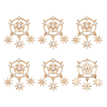 Brass Micro Pave Clear Cubic Zirconia Pendants, Snowflake with Star, Golden, 27mm, about 6pcs/box