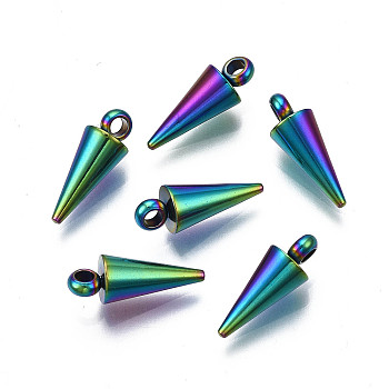 304 Stainless Steel Pendants, Spike/Cone Charm, Rainbow Color, 7.5x3mm, Hole: 1.8~2mm