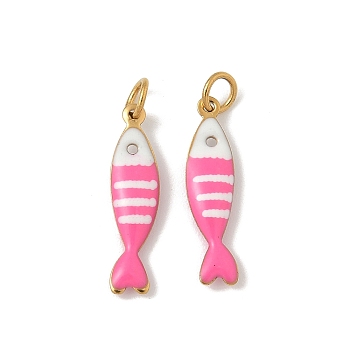 304 Stainless Steel Enamel Pendants, Sardine Fish Charm, with Jump Ring, Ion Plating(IP), Real 18K Gold Plated, Hot Pink, 18.5x5x2mm, Hole: 3mm