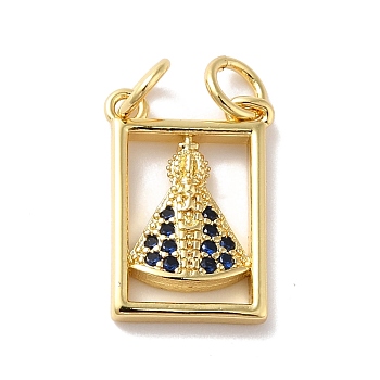 Rack Plating Brass Micro Pave Cubic Zirconia Pendants, Cadmium Free & Lead Free, Long-Lasting Plated, Real 18K Gold Plated, Rectangle with Skirt, Dark Blue, 16.5x10.5x2mm, Jump Ring: 5x0.8mm, 3.4mm Inner Diameter