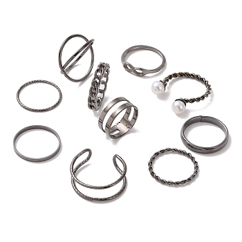 Alloy Infinity & Criss Cross &  Curb Chain Shape Finger Rings Set, Wire Wrap Cuff Rings, Open Rings for Women, Gunmetal, Inner Diameter: 15~19.5mm, 10pcs/set