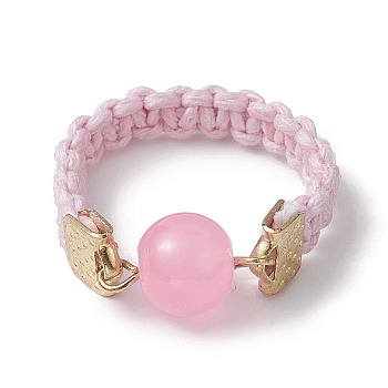 Glass Round Ball Braided Bead Style Finger Ring, with Waxed Cotton Cords, Pink, Inner Diameter: 18mm