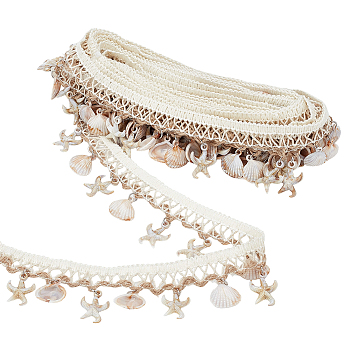 Polyester with Resin Shell Shape & Starfish Charm Lace Ribbon, Lace Trim, Clothes Accessories, White, 1-1/2 inch(38mm)