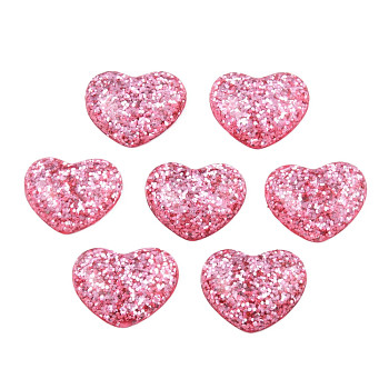 Resin Cabochons, with Glitter Powder, Heart, Hot Pink, 14x16x5mm