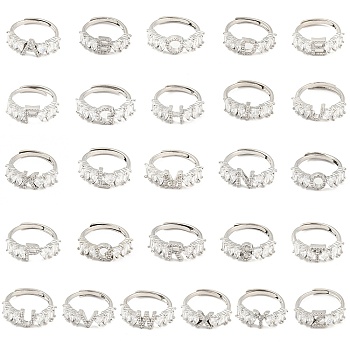 26Pcs 26 Style Initial Letter A~Z Clear Cubic Zirconia Adjustable Rings Set, Brass Alphabet Rings for Women, Lead Free & Cadmium Free, Platinum, US Size 5 3/4(16.3mm), 1Pc/style
