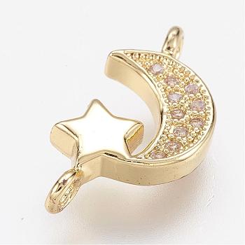 Brass Micro Pave Cubic Zirconia Links, Moon and Star, Golden, 16.5x8.5x3mm, Hole: 1.5mm