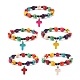 Natural Mashan Jade Skull Beaded Stretch Bracelet with Synthetic Turquoise(Dyed) Cross Charm(BJEW-JB08372)-1