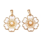304 Stainless Steel Enamel Pendants, with ABS Plastic Imitation Pearl Beads, Flower, Golden, White, 27x24x6.5mm, Hole: 6.5x2.5mm(STAS-P438-13D-G)