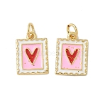 Brass Enamel Charms, Rectangle with Heart Charm, with Jump Ring, Lead Free & Cadmium Free, Long-Lasting Plated, Rack Plating, Real 18K Gold Plated, Pink, 14.5x10.5x1.5mm, Hole: 3.4mm(X-KK-C110-34G)