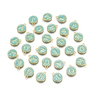 Initial Letter A~Z Alphabet Enamel Charms, Flat Round Disc Double Sided Charms, Golden Plated Enamelled Sequins Alloy Charms, Turquoise, 14x12x2mm, Hole: 1.5mm, 26pcs/set(ENAM-Q437-01)