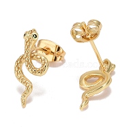 Green Cubic Zirconia Snake Stud Earrings, Brass Jewelry for Women, Lead Free & Cadmium Free, Real 18K Gold Plated, 16.5x7.5mm, Pin: 0.8mm(EJEW-F282-25G)
