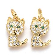 Brass Micro Pave Clear Cubic Zirconia Pendants, Long-Lasting Plated, with Jump Rings, Cat, Golden, 11.5x7x2mm, Hole: 4.5x0.8mm(ZIRC-Z001-02G)