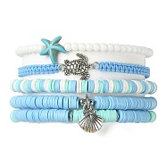5Pcs 5 Style Polymer Clay Heishi Surfer Stretch Bracelets Set, Synthetic Turquoise Starfish & Alloy Tortoise & Shell Stackable Bracelets, Light Sky Blue, Inner Diameter: 2-1/8~3-3/4 inch(5.3~9.4cm), 1Pc/style(BJEW-TA00370)
