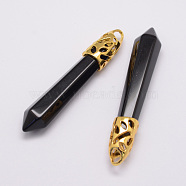 Natural Obsidian Big Pointed Pendants, with Alloy Findings, Bullet, Golden, 57~63x13x10mm, Hole: 3x4mm(G-D860-C33-G)