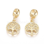 Brass Micro Pave Clear Cubic Zirconia European Dangle Charms, Large Hole Pendants, Flat Round with Tree of Life, Golden, 23mm, Hole: 5mm, Flat Round: 14x12x2mm(X-OPDL-L016-05G)