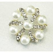 Acrylic Pearl & Rhinestone Shank Buttons, with Silver Plated Alloy Findings, 1-Hole, Flower, White, 20x9.5mm, Hole: 2mm(BUTT-WH0003-09)