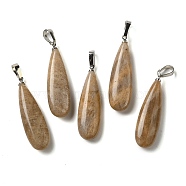 Natural Sunstone Pendants, Teardrop Charms with Rack Plating Platinum Tone Brass Snap on Bails, 34~34.5x10~10.5x6~6.5mm, Hole: 6.5x3mm(G-Q192-07P-07)